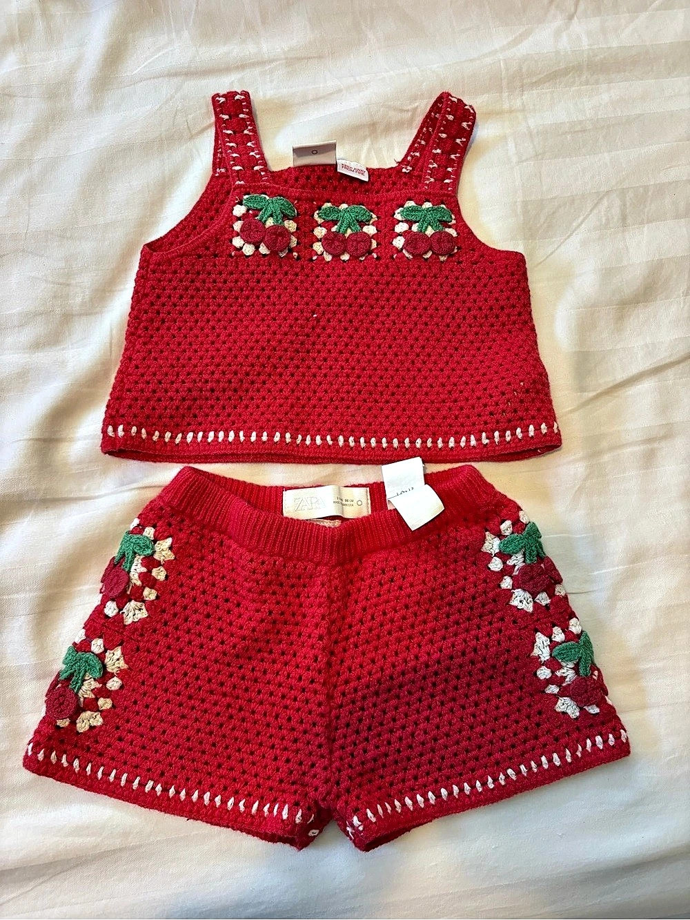 Zara Knit Bermuda Shorts with Cherry Crochet and Matching Top Set Knit Cherry